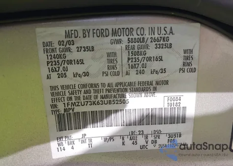 2003 Ford Explorer Nbx/Xlt from USA, damaged, VIN 1FMZU73K63UB52505